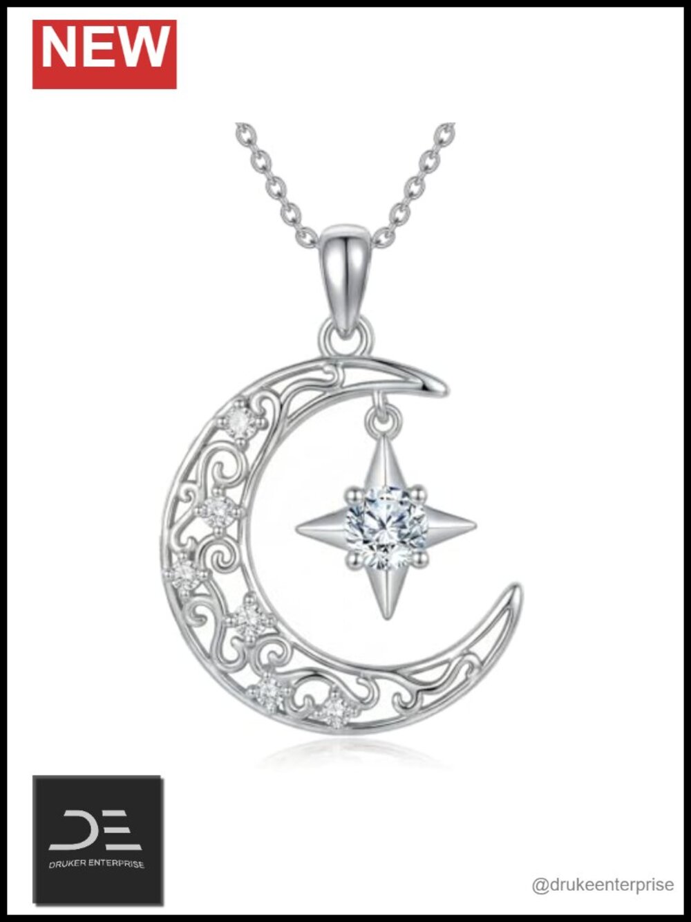 Moissanite Moon and Star Necklace 925 Sterling Silver Pendant Jewelry Gift